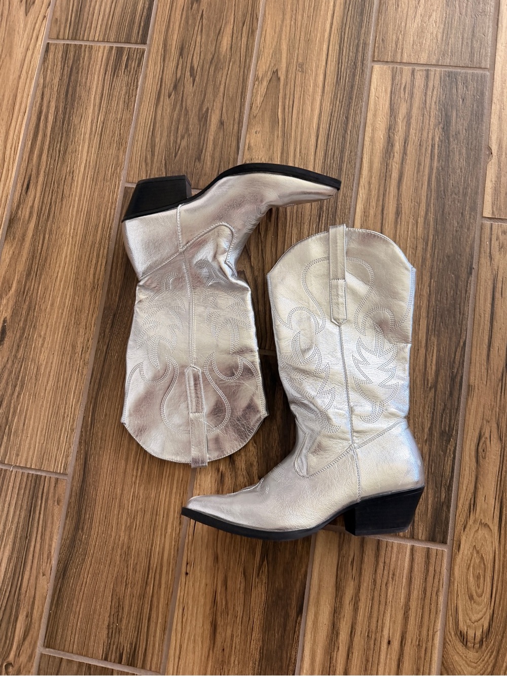 Primark Metallic Silver Western Mid-Calf Heeled Boots